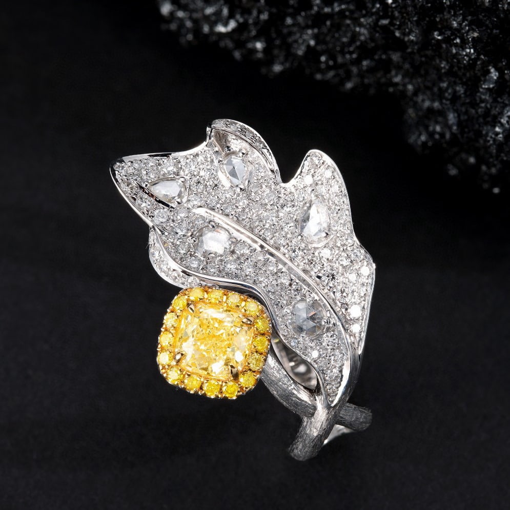 14k Gold 1.93 Ctw Natural Yellow Diamond & Diamond Ring: Ref:231043068 // gold content:14k gold // ring size:7. 25us // // main gemstone:yellow diamond // shape:cushion // carat weight:1. 01ct // color:yellow // treatment:natural // // adjacent gemstone 2