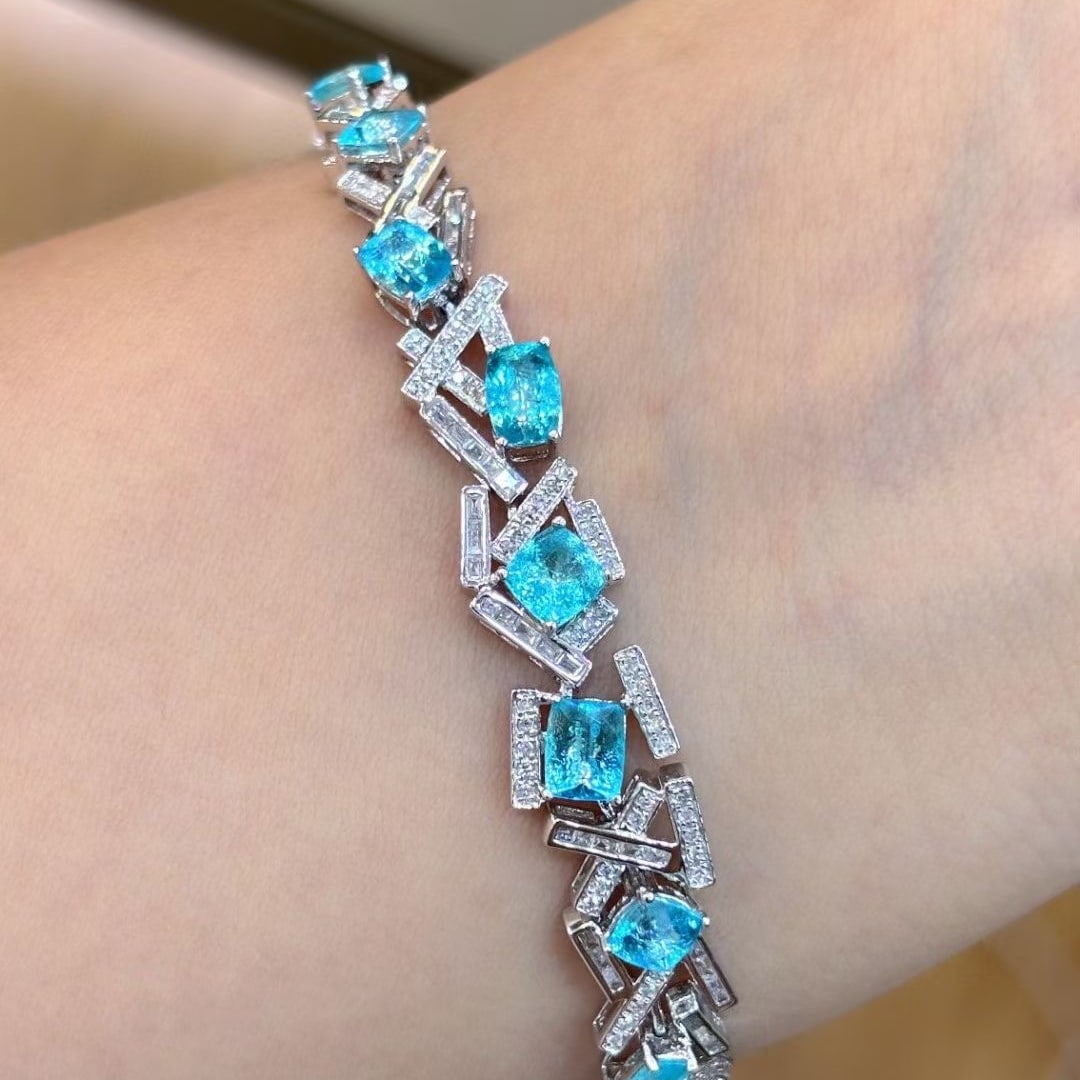 14k Gold 5.03 Ct Natural Paraiba Tourmaline & Diamond Bracelet - 2