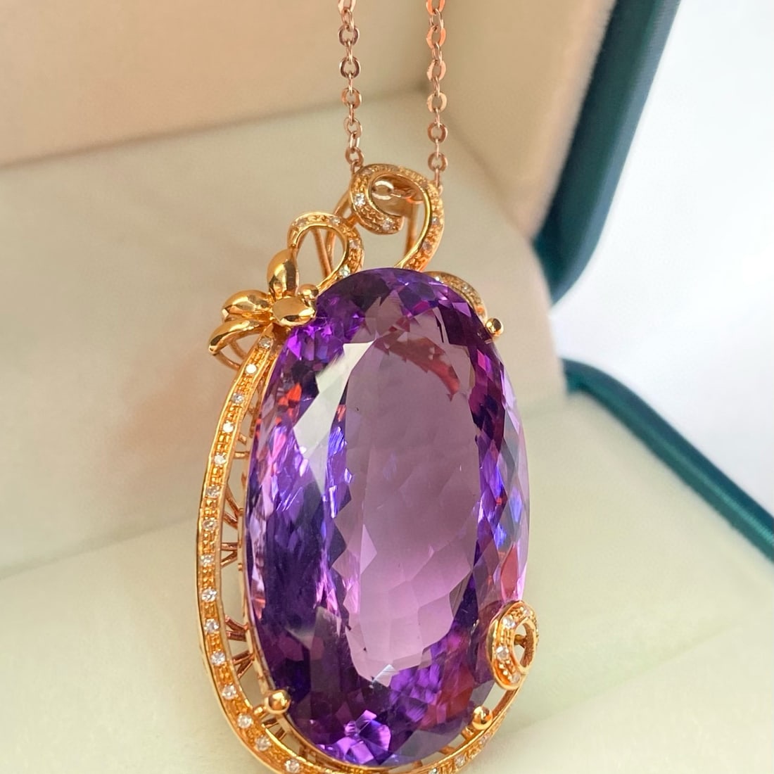 14k Gold 33.3 Ct Natural Amethyst & Diamond Pendant( Without Chain ) - 2