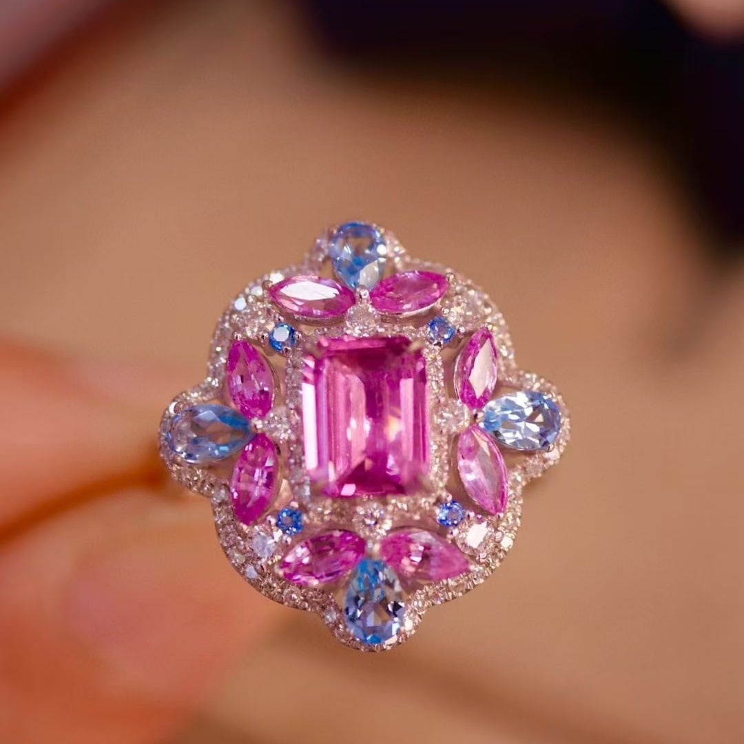 14k Gold 1.38 Ctw Natural Sapphire & Diamond Ring: Ref:231043092 // gold content:14k gold // ring size:7. 25us // // main gemstone:sapphire // shape:octagonal // carat weight:1. 01ct // color:pink // treatment:natural // // adjacent gemstone 2 :
