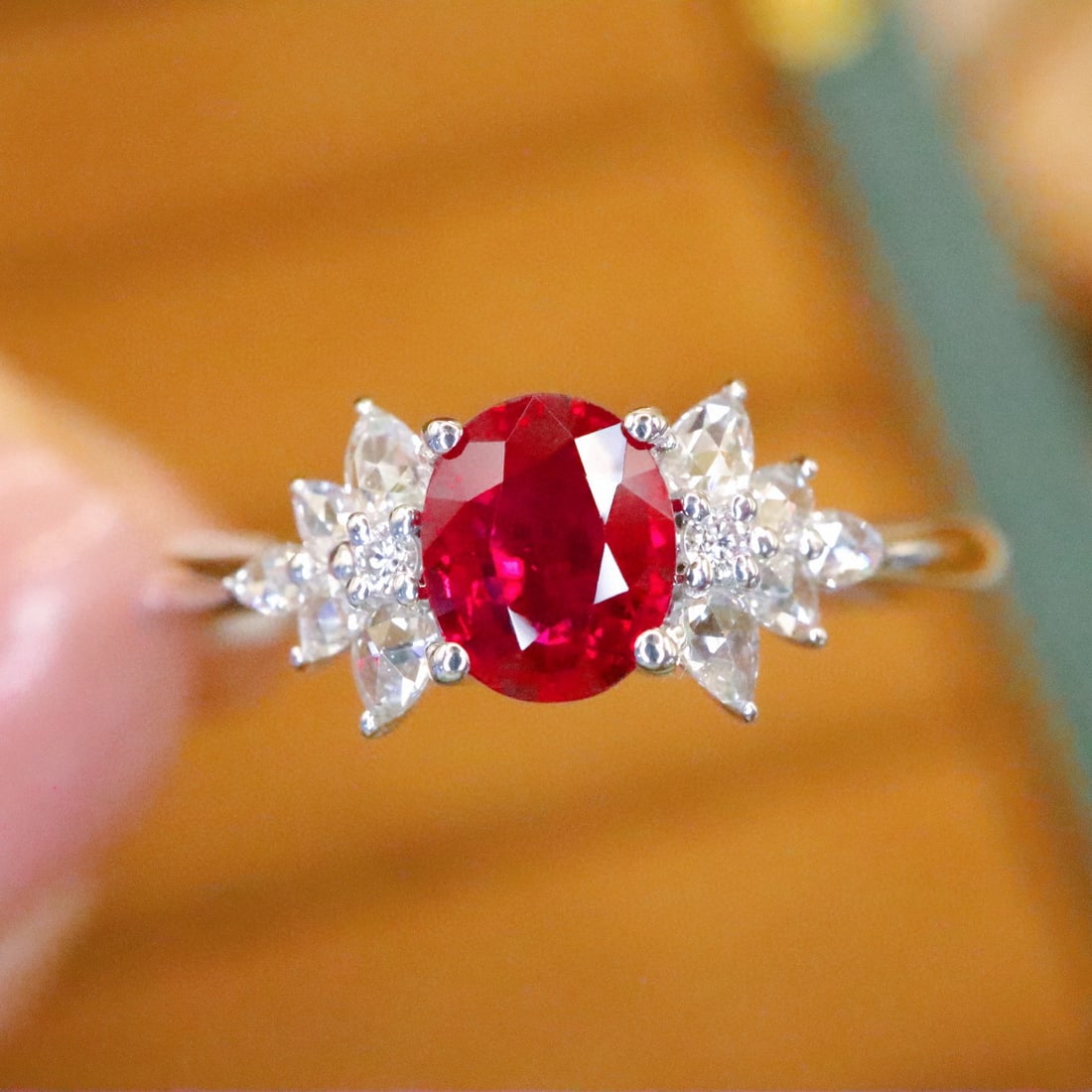 14k Gold 0.74 Ctw Natural Ruby & Diamond Ring: Ref:231043093 // gold content:14k gold // ring size:7. 25us // // main gemstone:ruby // shape:oval // carat weight:0. 55ct // color:pigeonblood red // treatment:natural // // adjacent gemstone 2 :