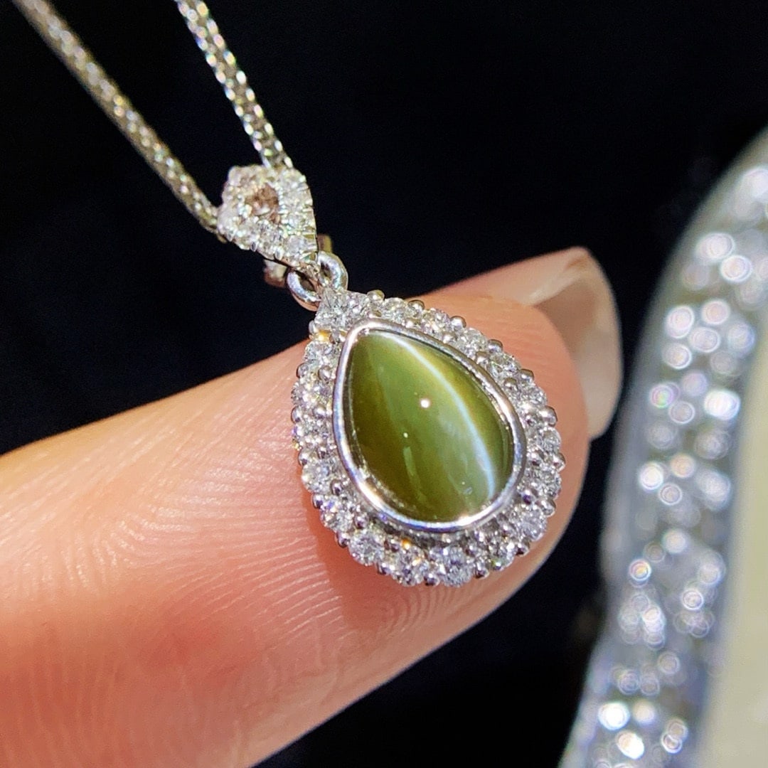 14k Gold 1.57 Ctw Natural Cat's?Eye Chrysoberyl & Diamond Pendant( Without Chain ) - 3