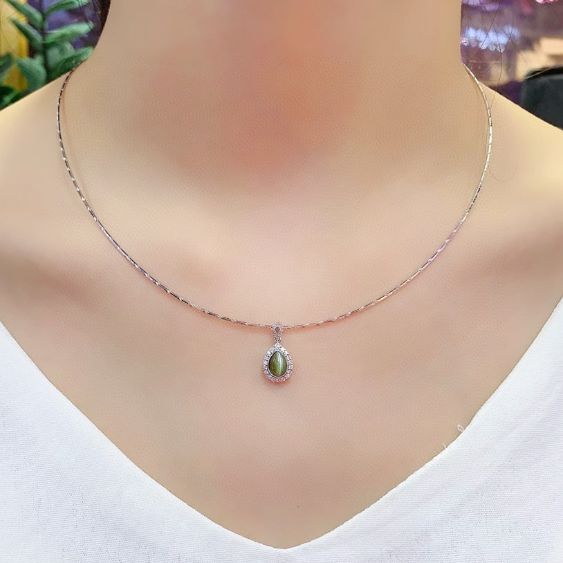 14k Gold 1.57 Ctw Natural Cat's?Eye Chrysoberyl & Diamond Pendant( Without Chain ) - 5