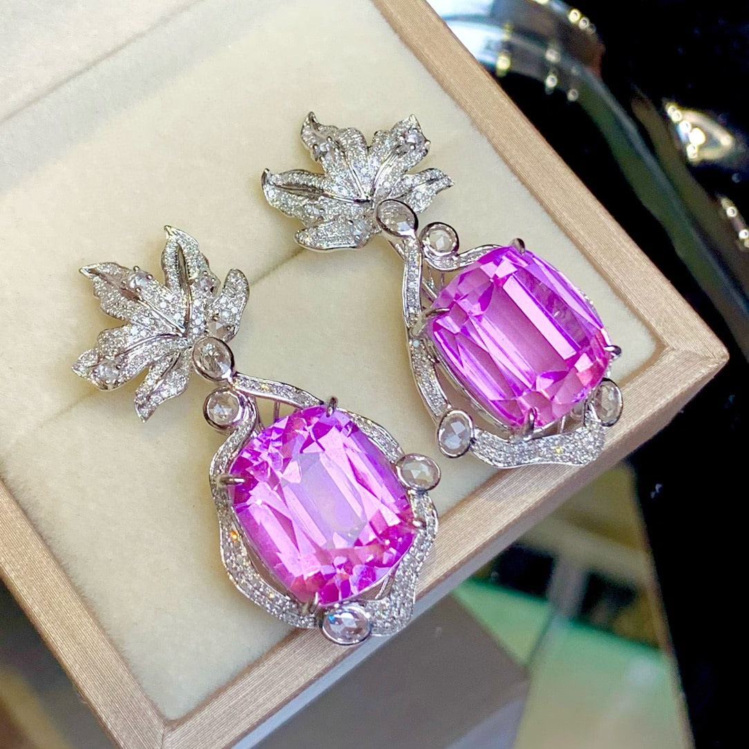 14k Gold 33.5 Ct Natural Kunzite & Diamond & Sapphire Earrings - 2