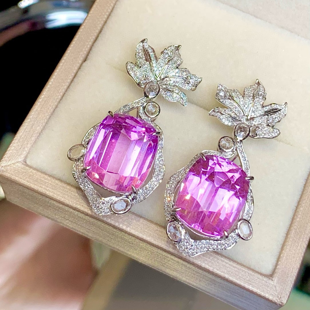 14k Gold 33.5 Ct Natural Kunzite & Diamond & Sapphire Earrings - 5