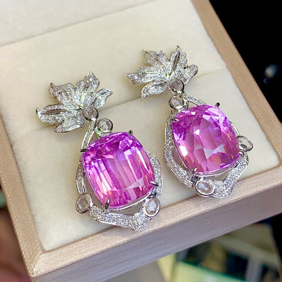 14k Gold 33.5 Ct Natural Kunzite & Diamond & Sapphire Earrings - 6