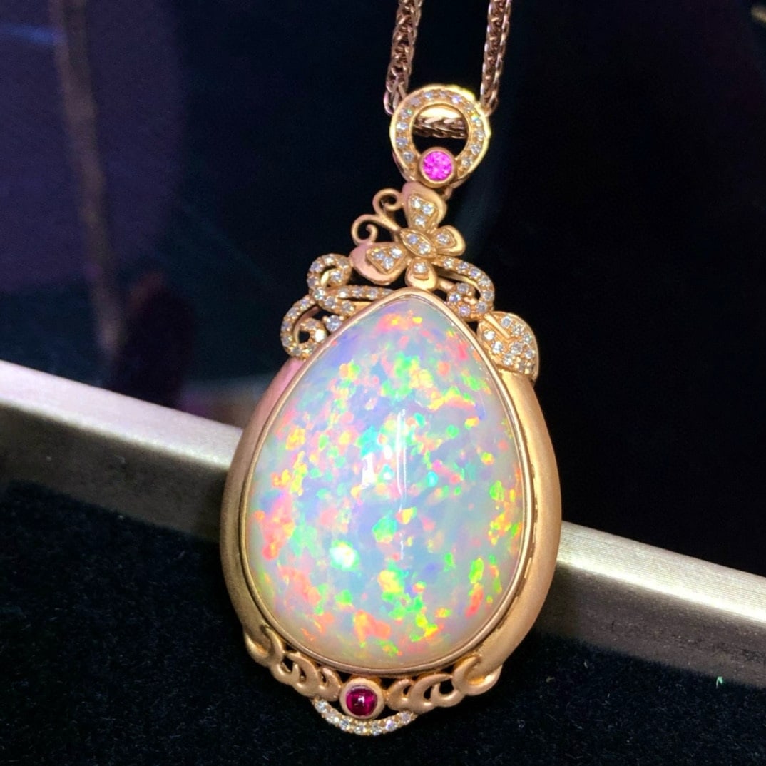 14k Gold 33.20 Ct Natural Opal & Diamond Pendant( Without Chain ) - 5
