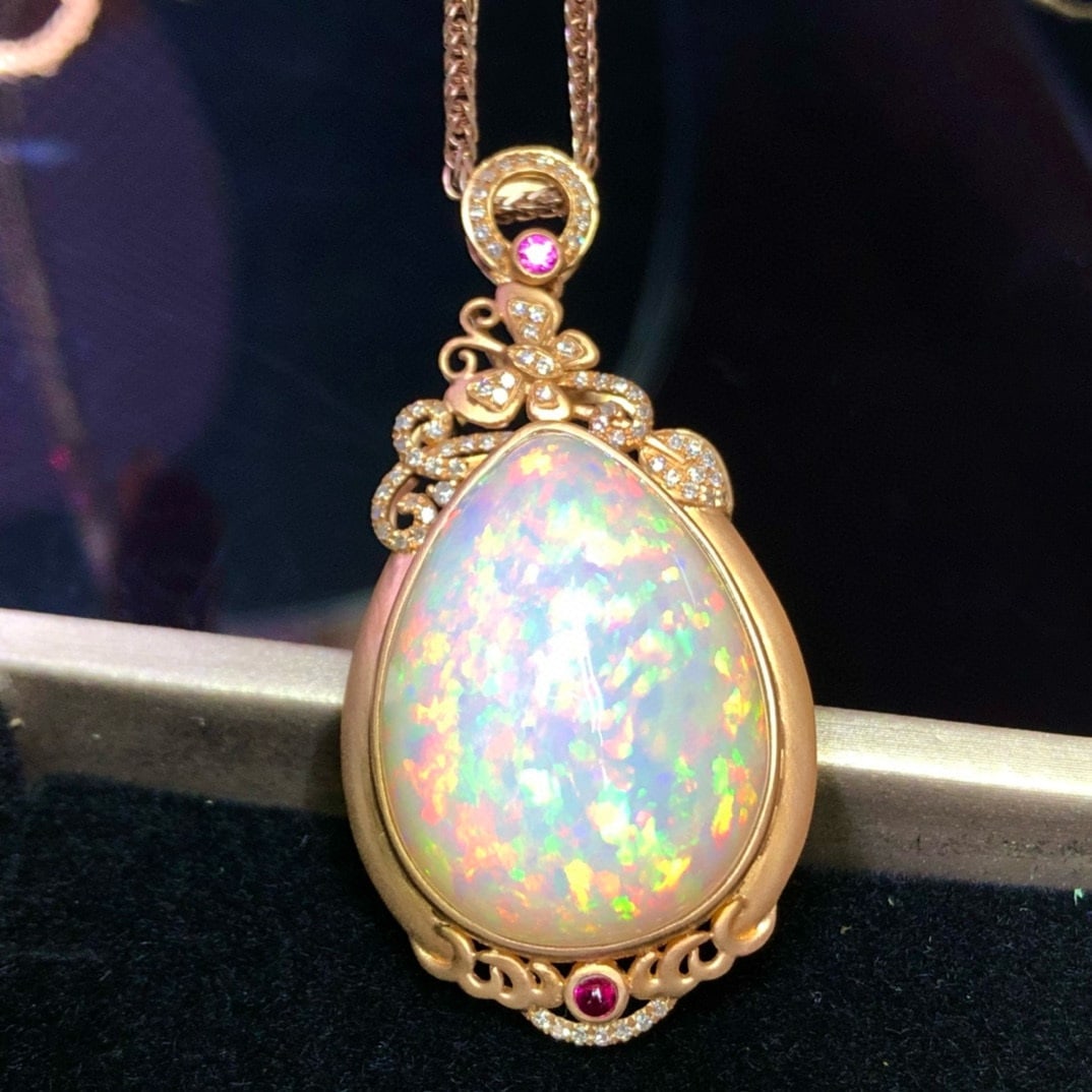 14k Gold 33.20 Ct Natural Opal & Diamond Pendant( Without Chain ) - 6