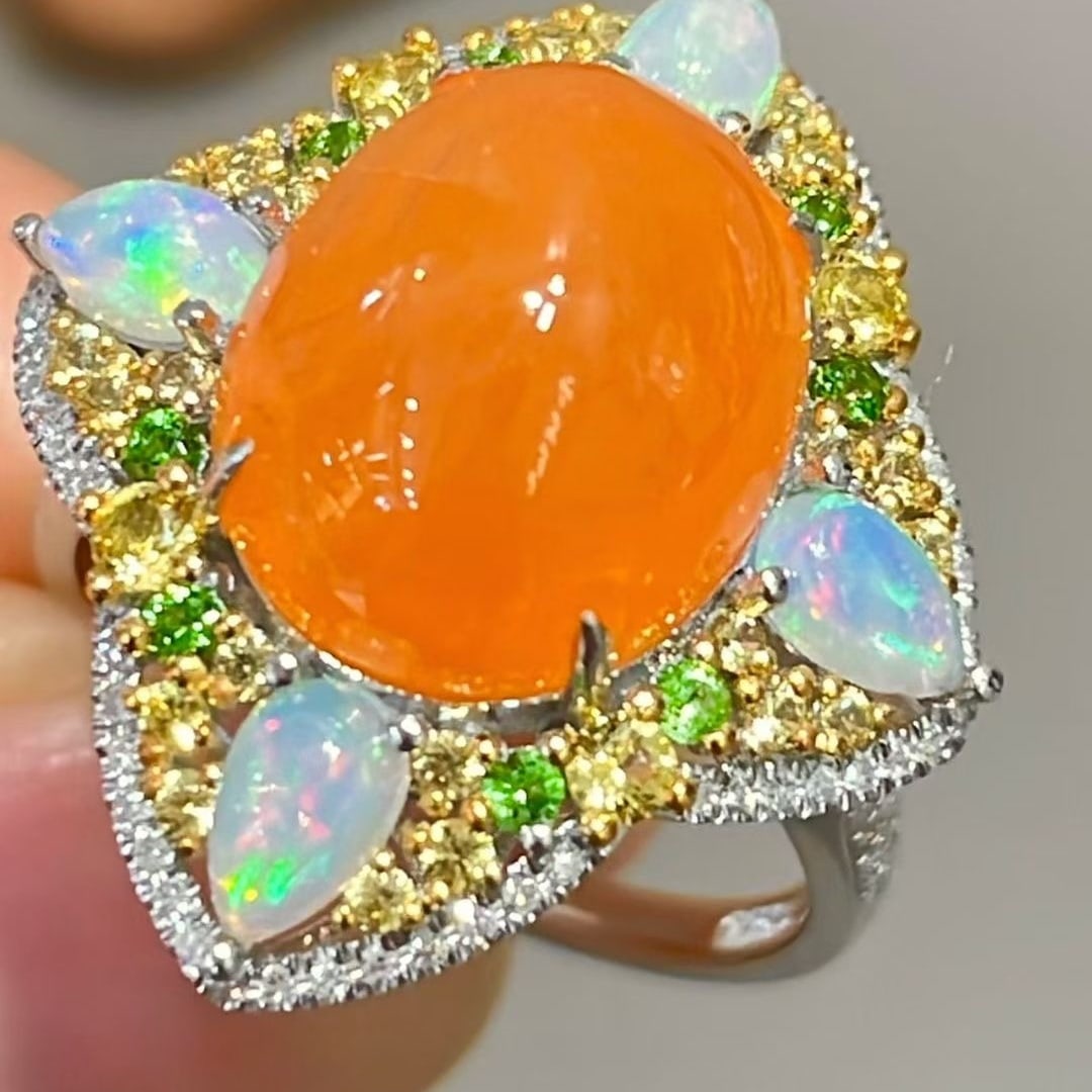 14k Gold 10.65 Ct Natural Spessartine & Diamond & Sapphire & Tsavorite & Opal Ring - 5