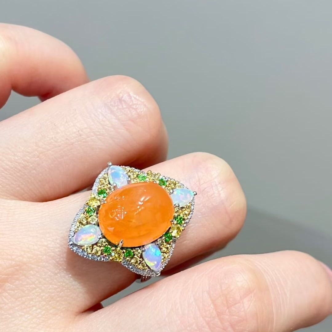 14k Gold 10.65 Ct Natural Spessartine & Diamond & Sapphire & Tsavorite & Opal Ring - 6