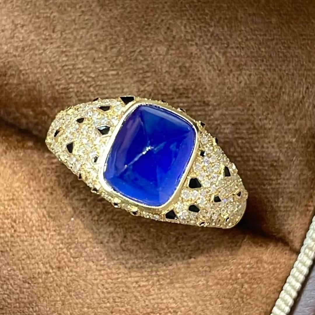 14k Gold 3 Ct Natural Sapphire & Diamond Ring: Ref:231043135 // gold content:14k gold // ring size:7. 25us // // main gemstone:sapphire // shape:sugar-loaf // carat weight:3ct // color:blue // treatment:natural // // adjacent gemstone 2 : diamond