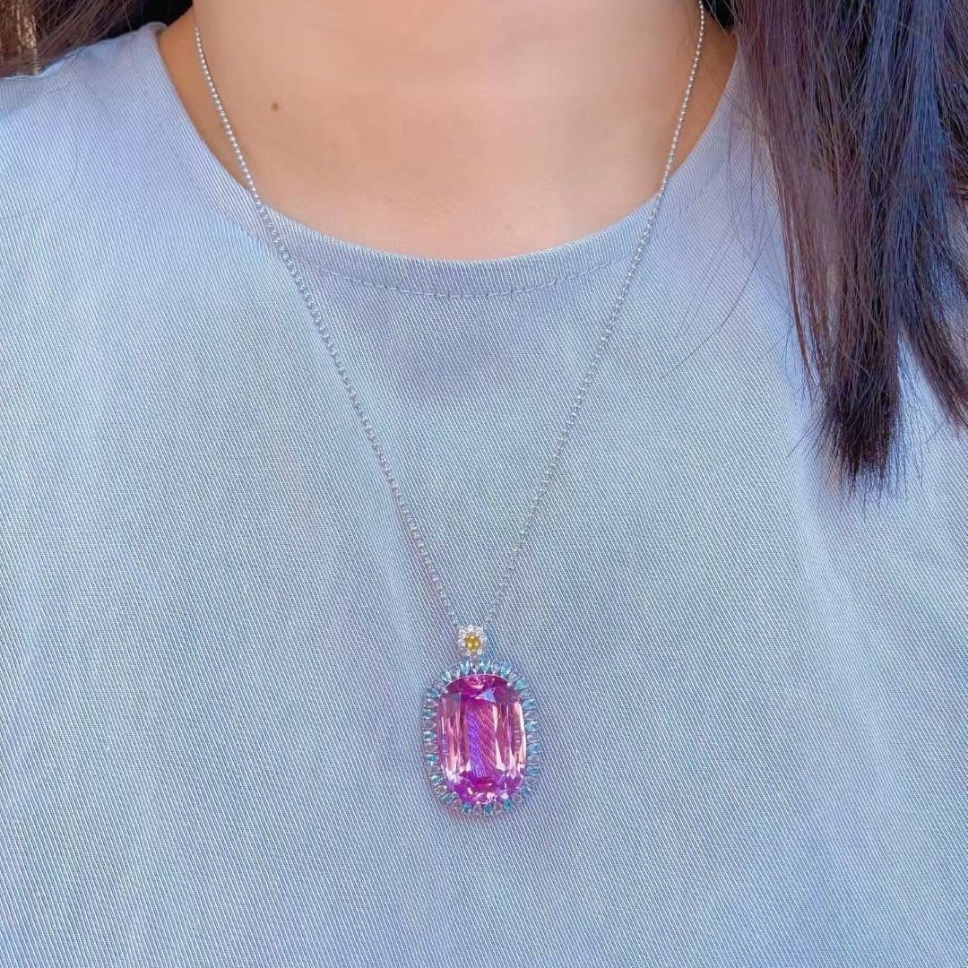 14k Gold 50.05 Ctw Natural Kunzite & Sapphire Pendant( Without Chain ) - 2