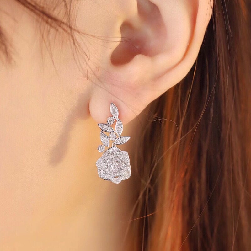 14k Gold 1 Ct Natural H Diamond & Flowers Earrings - 4
