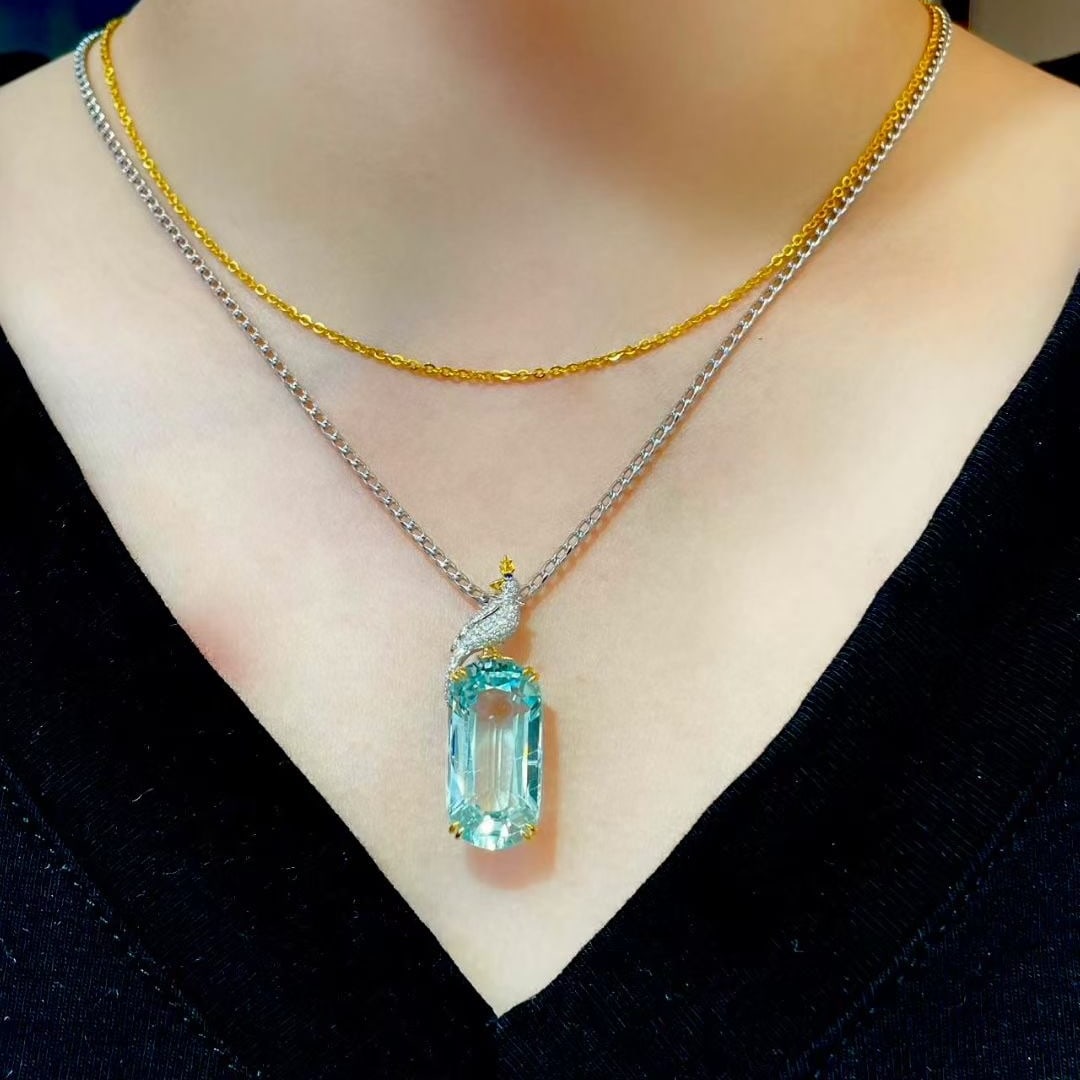 14k Gold 15.2 Ct Natural Aquamarine & Diamond Pendant( Without Chain ) - 4