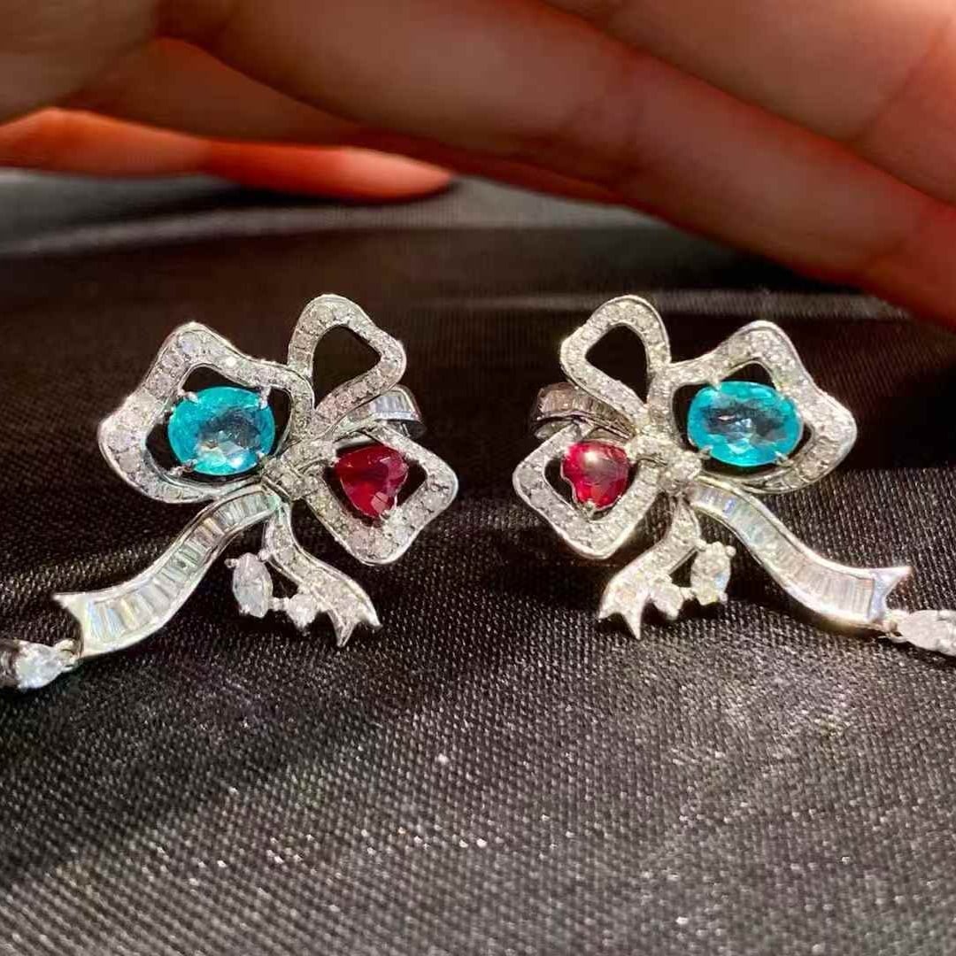 14k Gold 1.4 Ct Natural Paraiba Tourmaline & Ruby & Diamond Earrings: Ref:231043185 // gold content:14k gold // main gemstone:paraiba tourmaline & ruby // shape:oval & heart // carat weight:1. 4ct // color:blue & red // treatment:natural // // adjacent gemstone 2 :