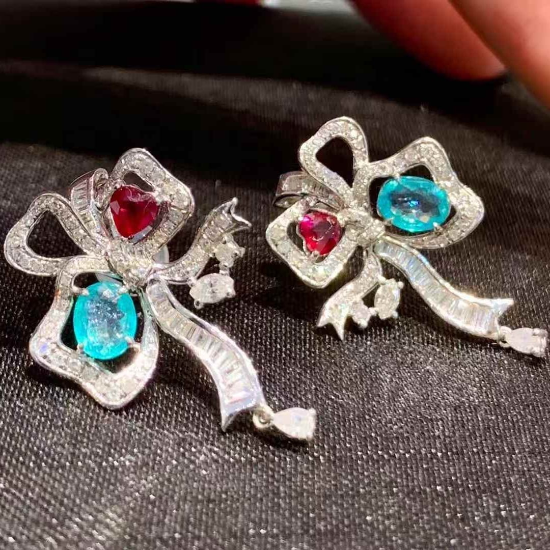 14k Gold 1.4 Ct Natural Paraiba Tourmaline & Ruby & Diamond Earrings - 3