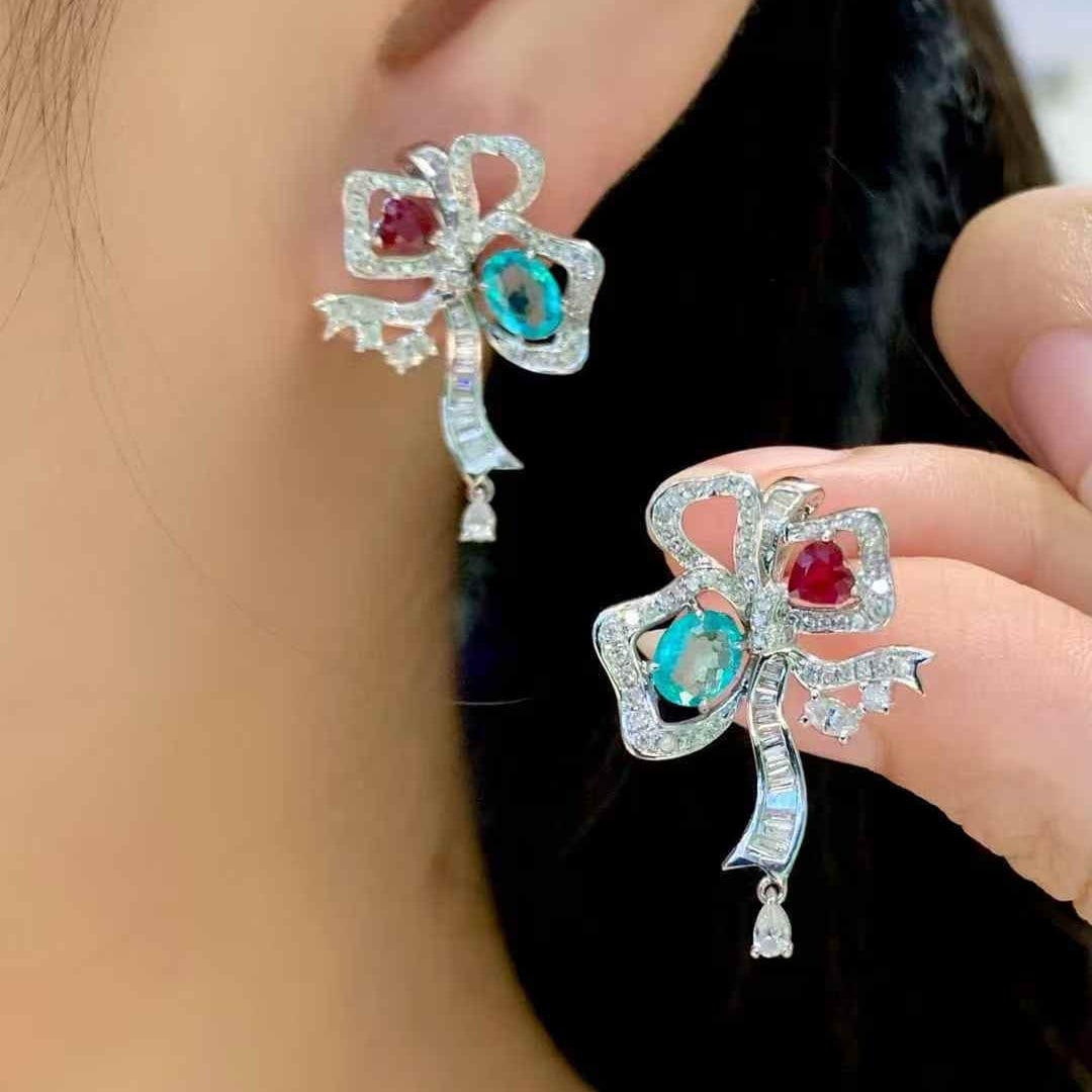 14k Gold 1.4 Ct Natural Paraiba Tourmaline & Ruby & Diamond Earrings - 4