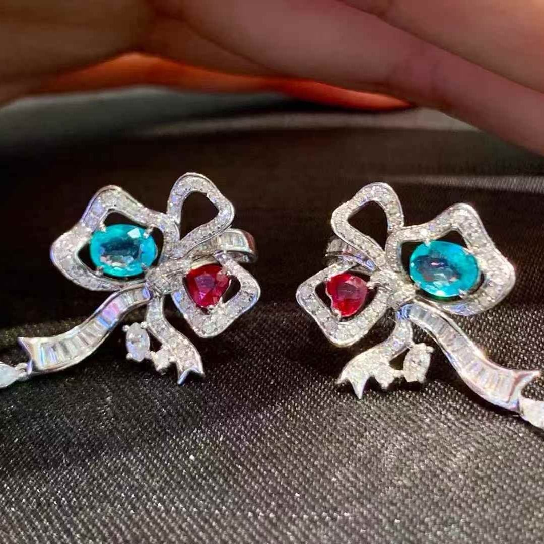 14k Gold 1.4 Ct Natural Paraiba Tourmaline & Ruby & Diamond Earrings - 5