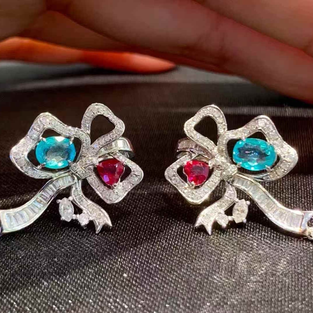 14k Gold 1.4 Ct Natural Paraiba Tourmaline & Ruby & Diamond Earrings - 6
