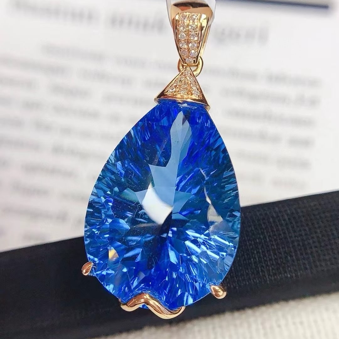14k Gold 24.25 Ct Natural Topaz & Diamond Pendant( Without Chain ) - 3