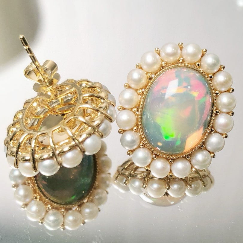 14k Gold 6.57 Ct Natural Opal & Pearl Earrings - 3