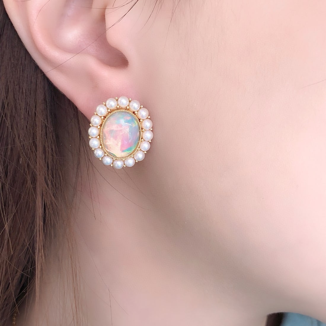 14k Gold 6.57 Ct Natural Opal & Pearl Earrings - 4