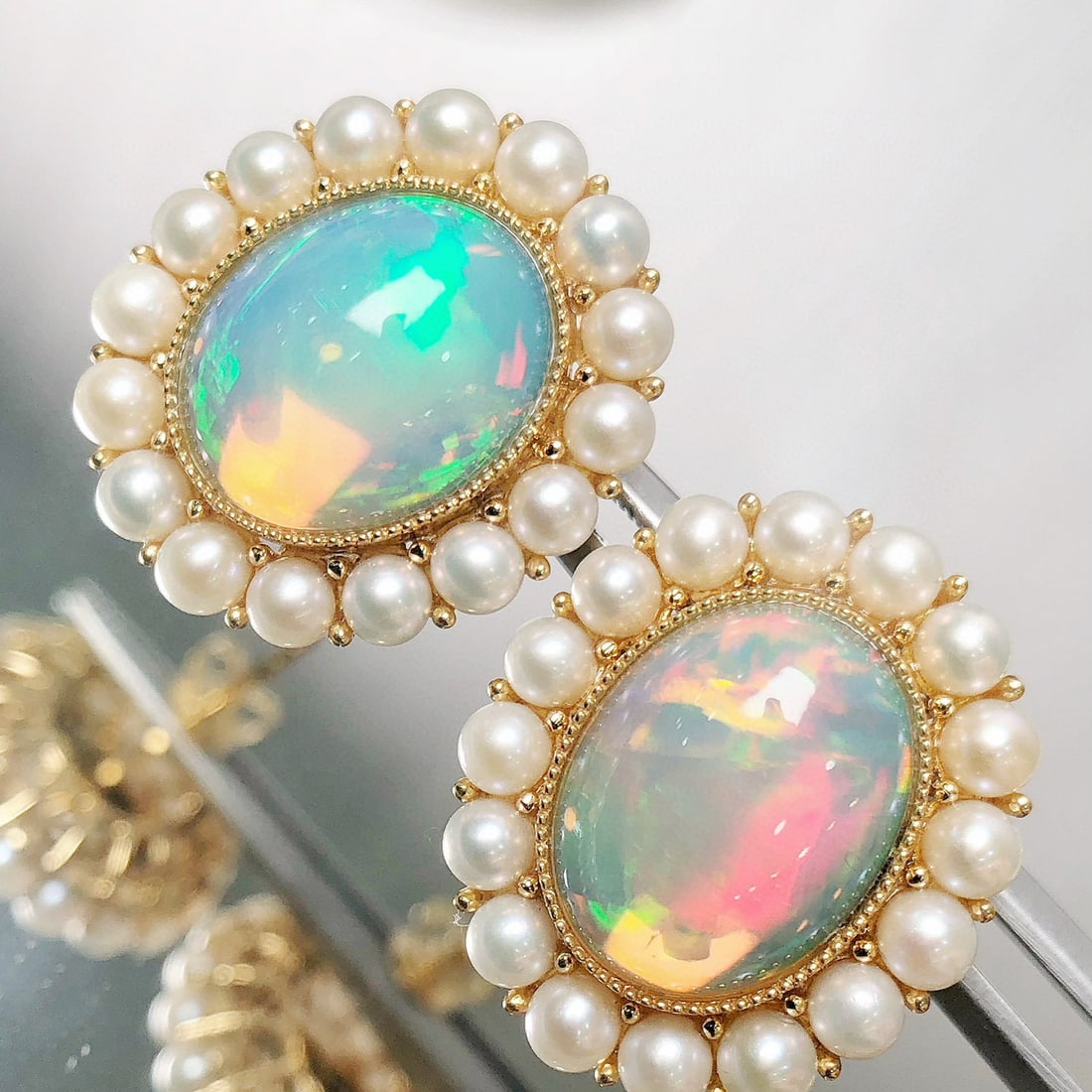 14k Gold 6.57 Ct Natural Opal & Pearl Earrings - 5