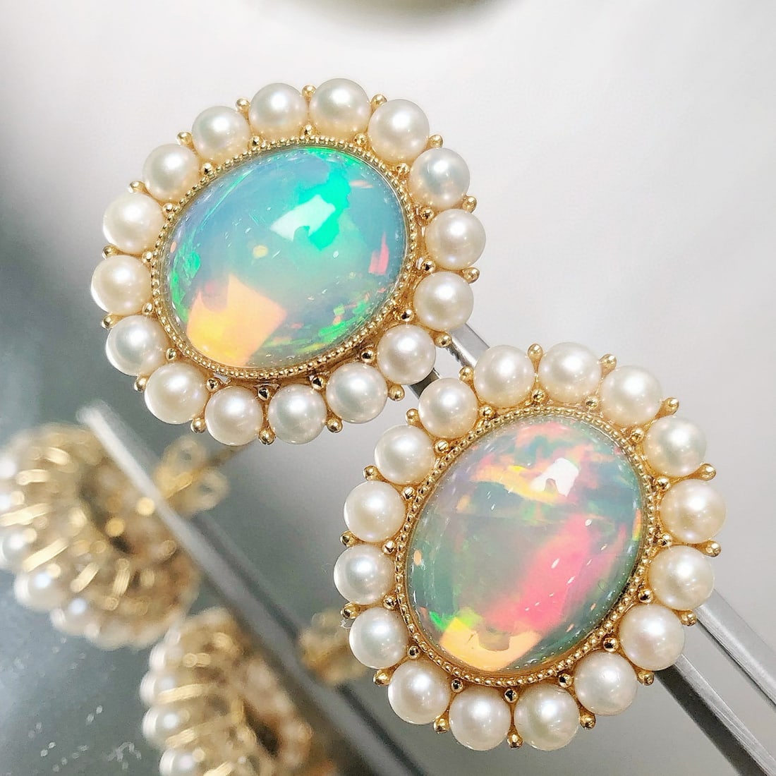 14k Gold 6.57 Ct Natural Opal & Pearl Earrings - 6