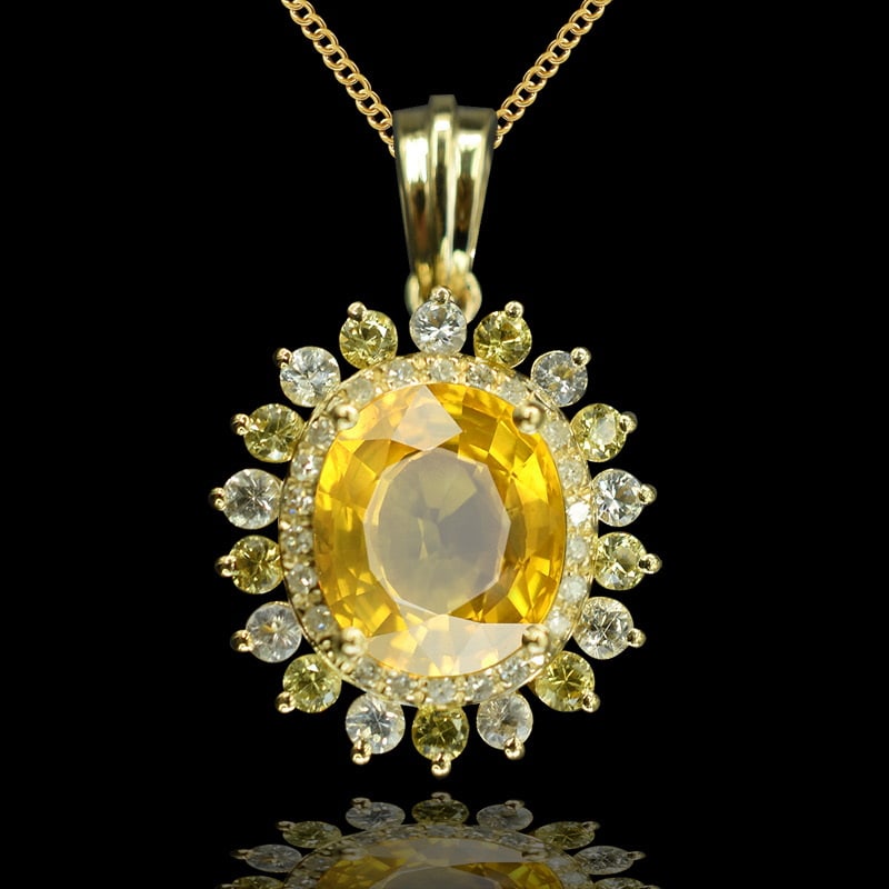 14k Gold 2.24 Ctw Natural Sapphire & Diamond Pendant( Without Chain ): Ref:231044004 // gold content:14k gold // main gemstone:sapphire // shape:oval // carat weight:2. 18ct // color:yellow // treatment:natural // // adjacent gemstone 2 : diamond // number of stones:22