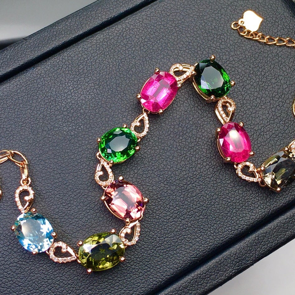 14k Gold 19.2 Ct Natural Tourmaline & Diamond Bracelet - 4