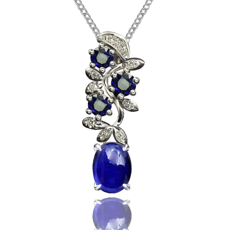 14k Gold 1.39 Ctw Natural Sapphire & Diamond Pendant( Without Chain ): Ref:231044042 // gold content:14k gold // main gemstone:sapphire // shape:oval // carat weight:1. 36ct // color:blue // treatment:natural // // adjacent gemstone 2 : diamond // number of stones:10 //