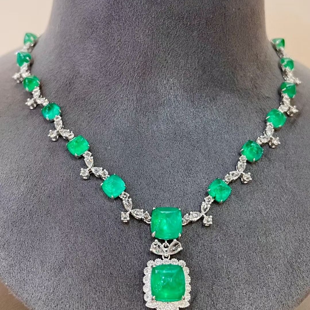 14k Gold 14.5 Ct Natural Emerald & Diamond & Sapphire Necklace - 5