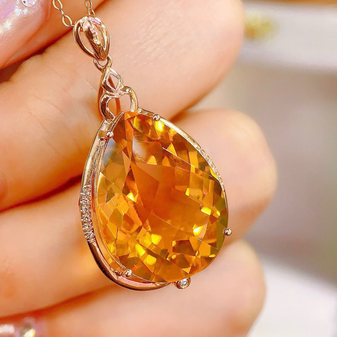 14k Gold 17.09 Ctw Natural Citrine & Diamond Pendant( Without Chain ) - 3
