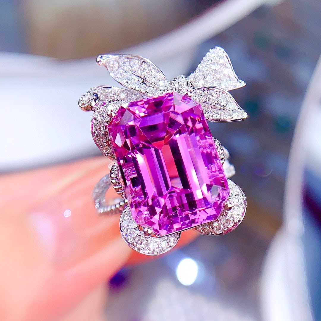 14k Gold 15.07 Ctw Natural Kunzite & Diamond Ring - 4