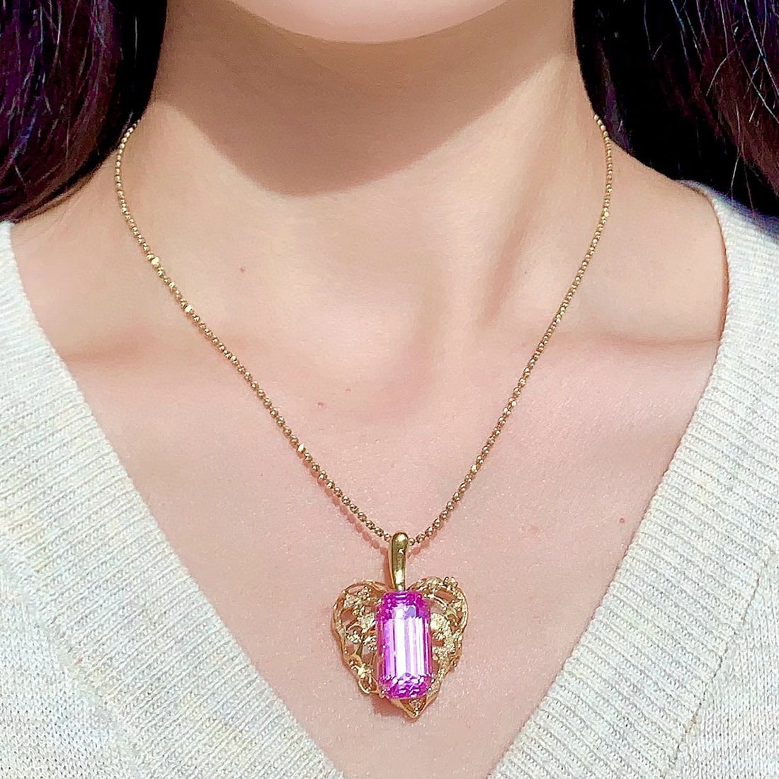 14k Gold 21.3 Ct Natural Kunzite & Diamond & Sapphire Pendant( Without Chain ) - 6