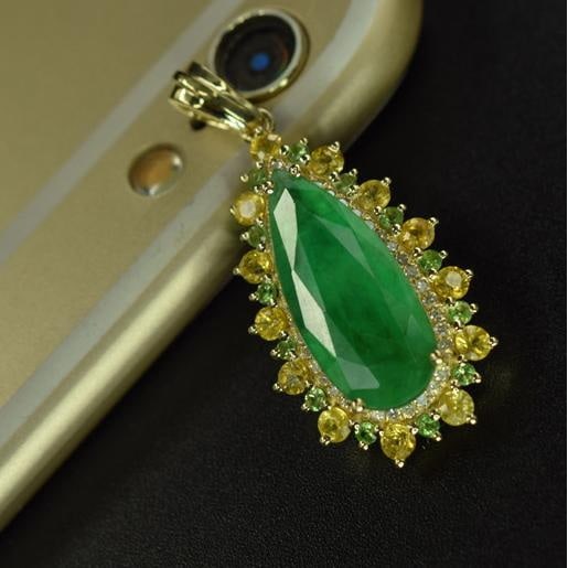 14k Gold 3.16 Ctw Natural Emerald & Diamond Pendant( Without Chain ) - 3