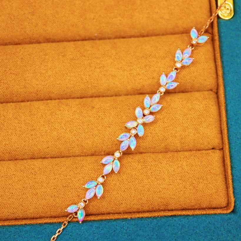 14k Gold 2.30 Ctw Natural Opal & Diamond Bracelet - 3