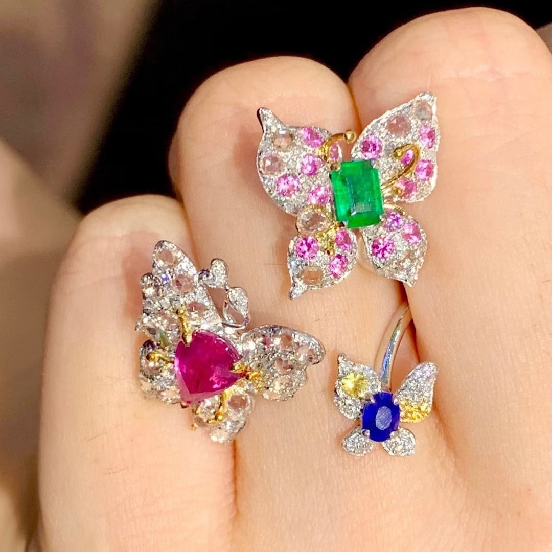 14k Gold 1.8 Ct Natural Emerald & Ruby & Sapphire & Diamond & Sapphire Ring - 4