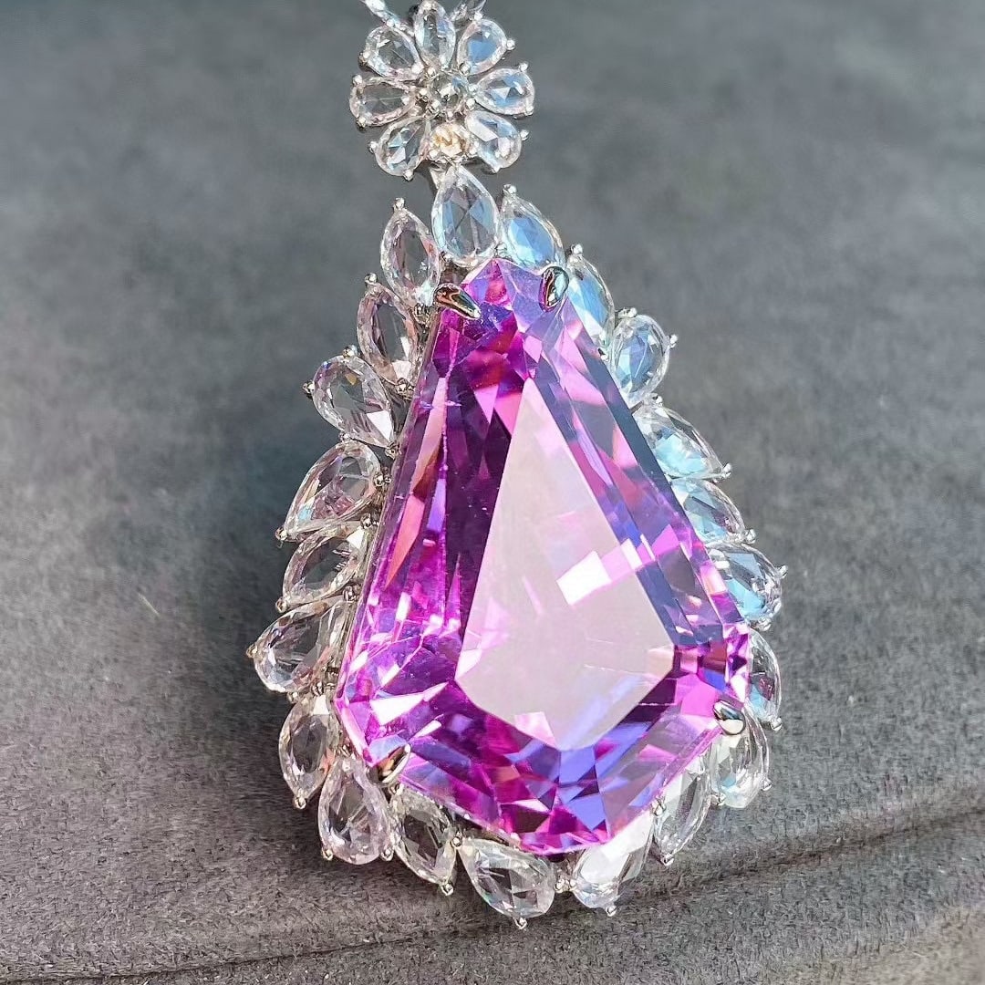 14k Gold 36.76 Ctw Natural Kunzite & Sapphire Pendant( Without Chain ) - 6