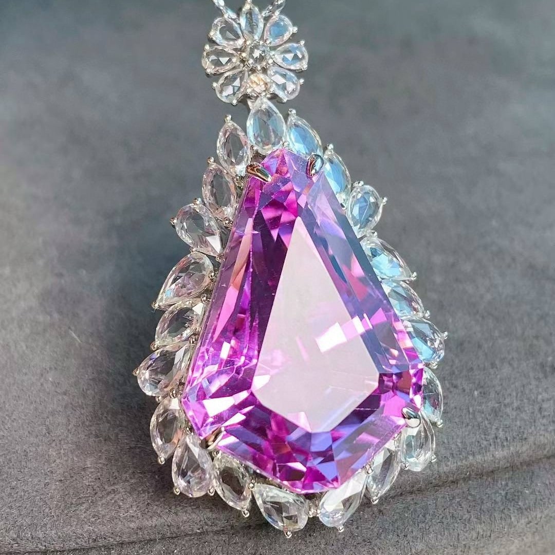 14k Gold 36.76 Ctw Natural Kunzite & Sapphire Pendant( Without Chain ) - 7