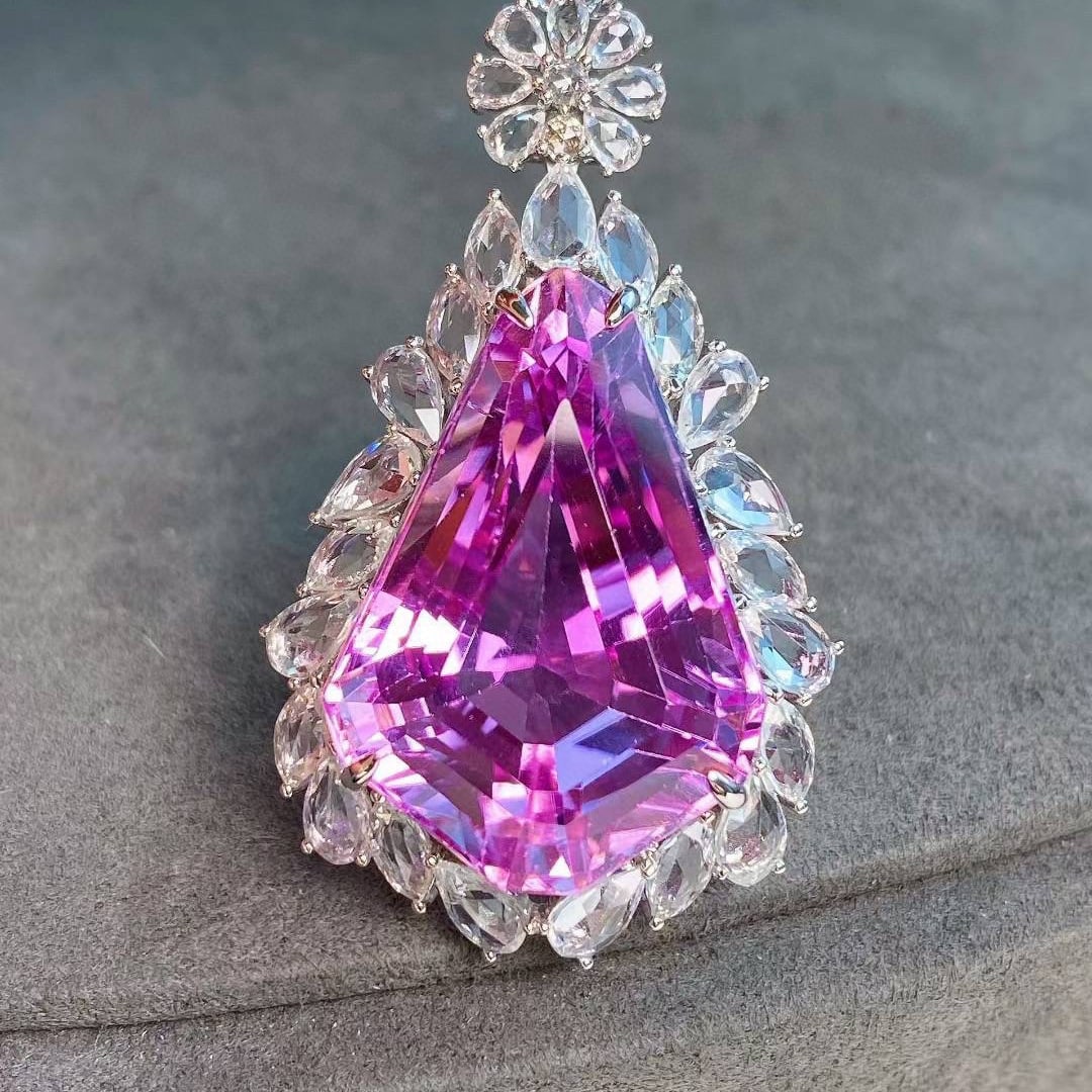14k Gold 36.76 Ctw Natural Kunzite & Sapphire Pendant( Without Chain ) - 8