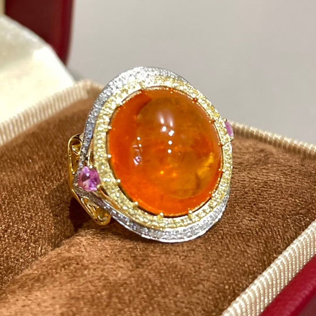 14k Gold 13.2 Ct Natural Spessartine & Diamond & Sapphire Ring: Ref:231044150 // gold content:14k gold // ring size:7. 25us // // main gemstone:spessartine // shape:oval // carat weight:13. 2ct // color:orange // treatment:natural // // adjacent gemstone 2 :