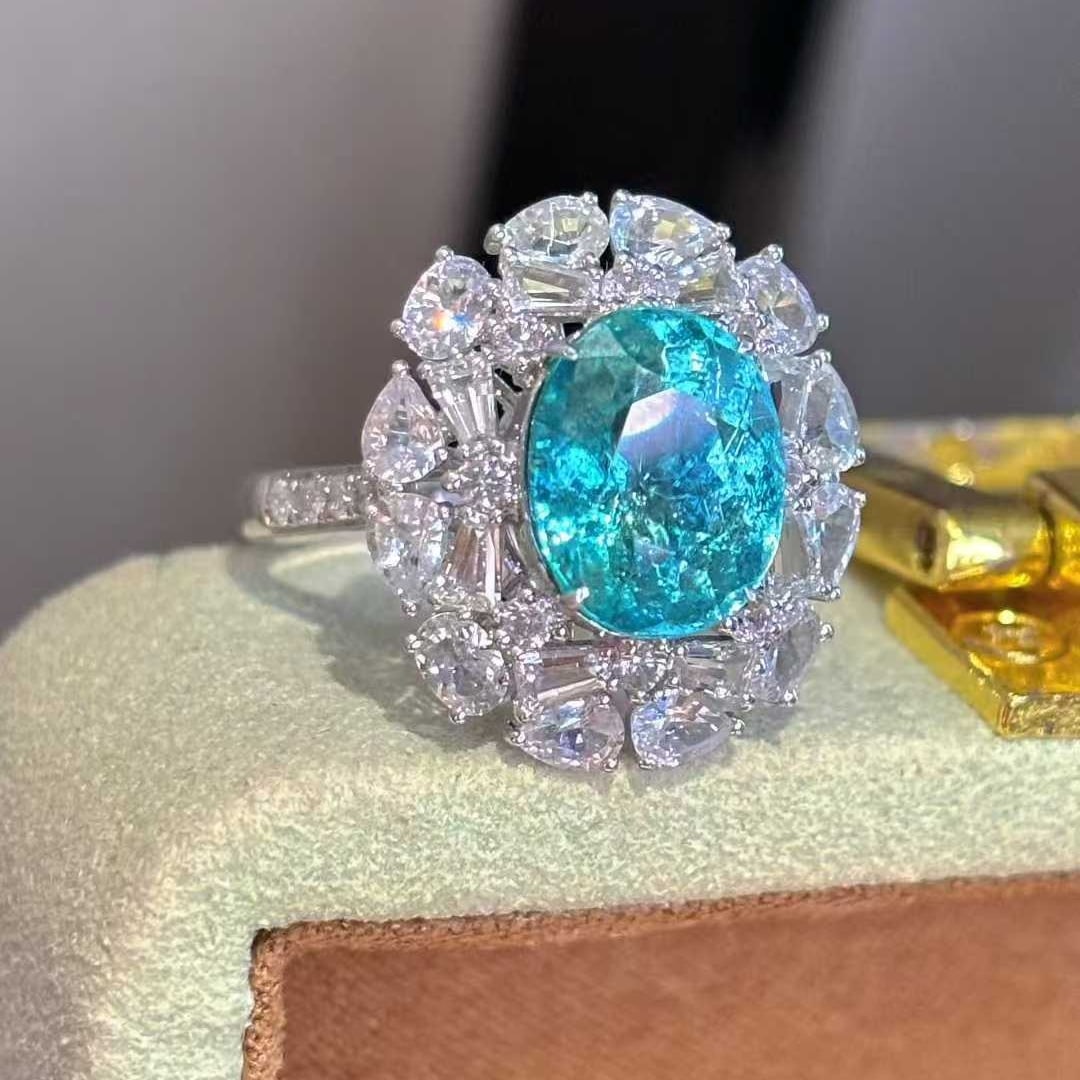 14k Gold 3.75 Ct Natural Paraiba Tourmaline & Diamond & Sapphire Ring - 2
