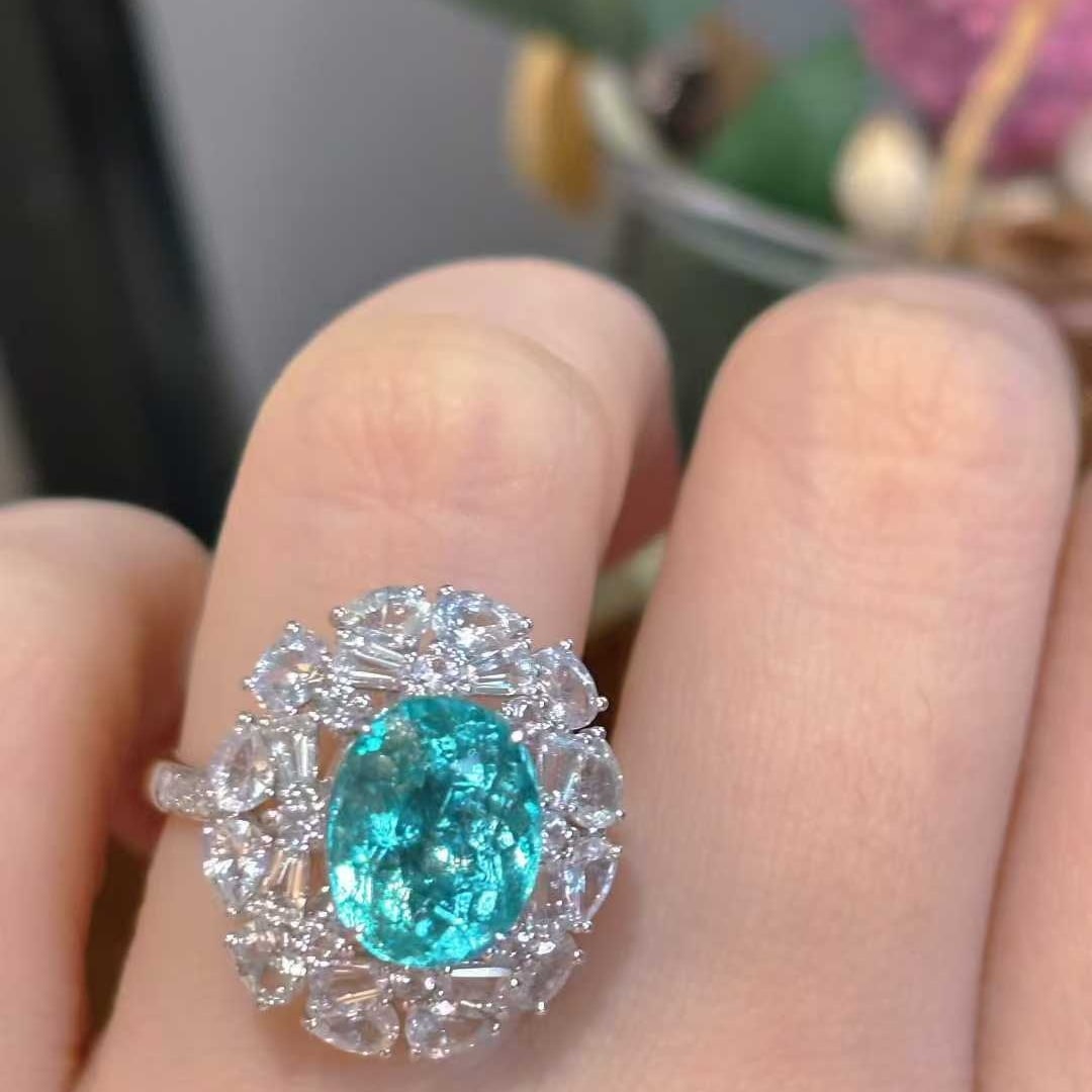 14k Gold 3.75 Ct Natural Paraiba Tourmaline & Diamond & Sapphire Ring - 3