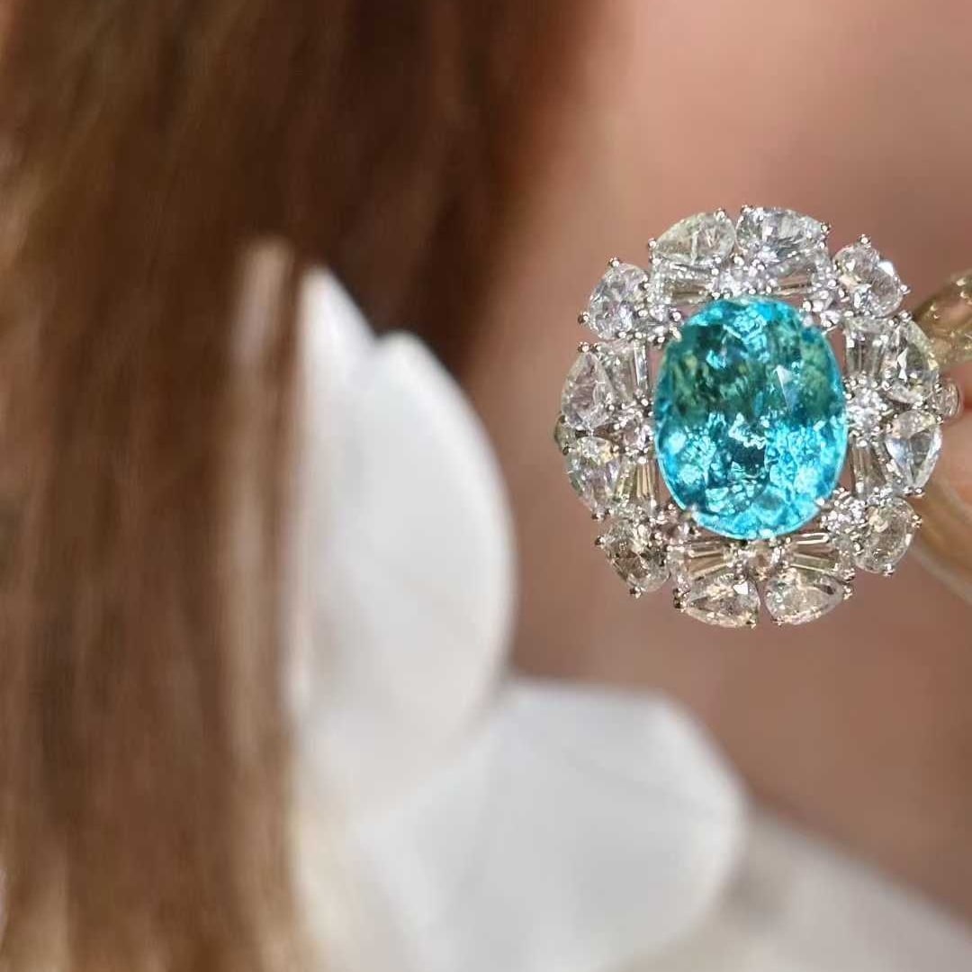 14k Gold 3.75 Ct Natural Paraiba Tourmaline & Diamond & Sapphire Ring - 4