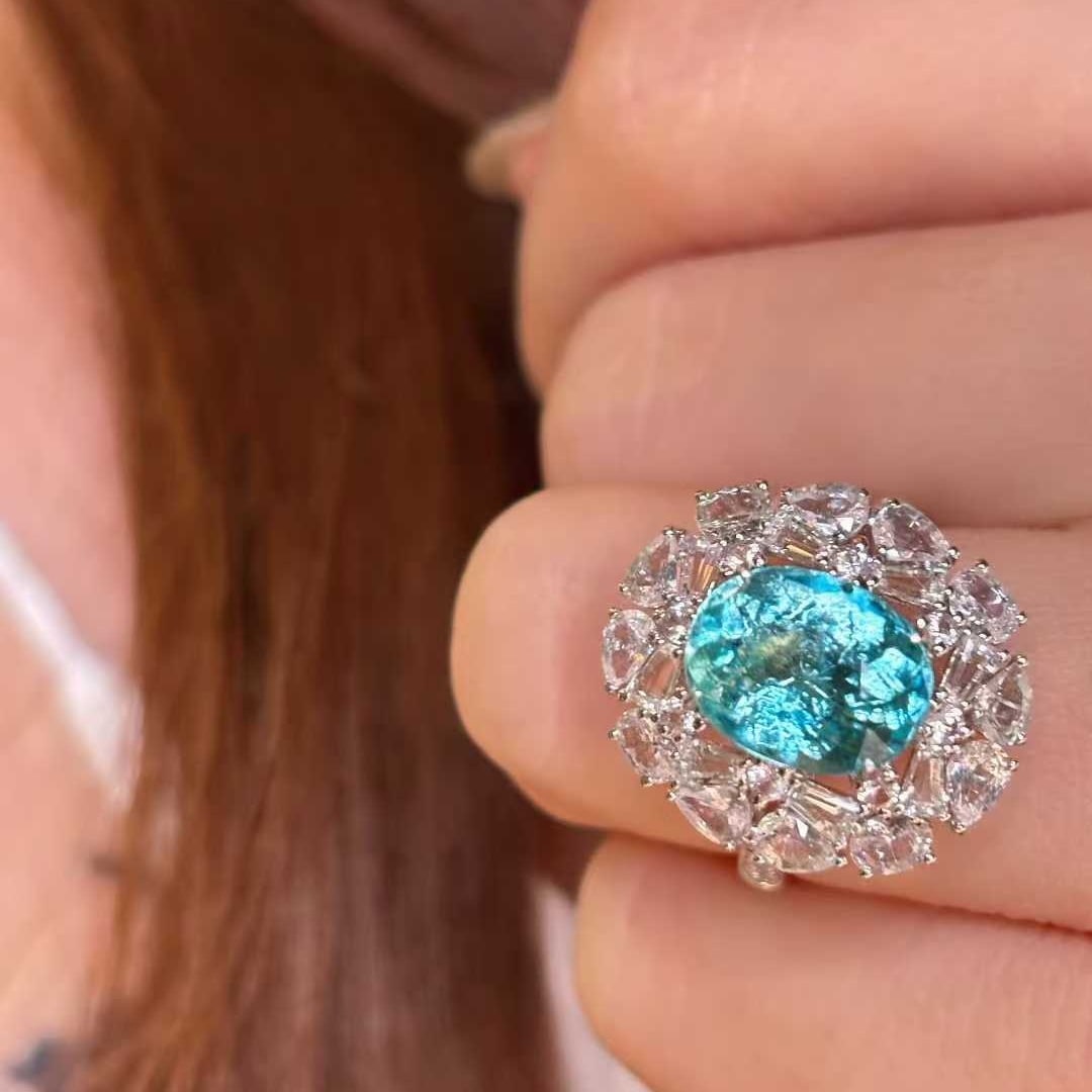 14k Gold 3.75 Ct Natural Paraiba Tourmaline & Diamond & Sapphire Ring - 5