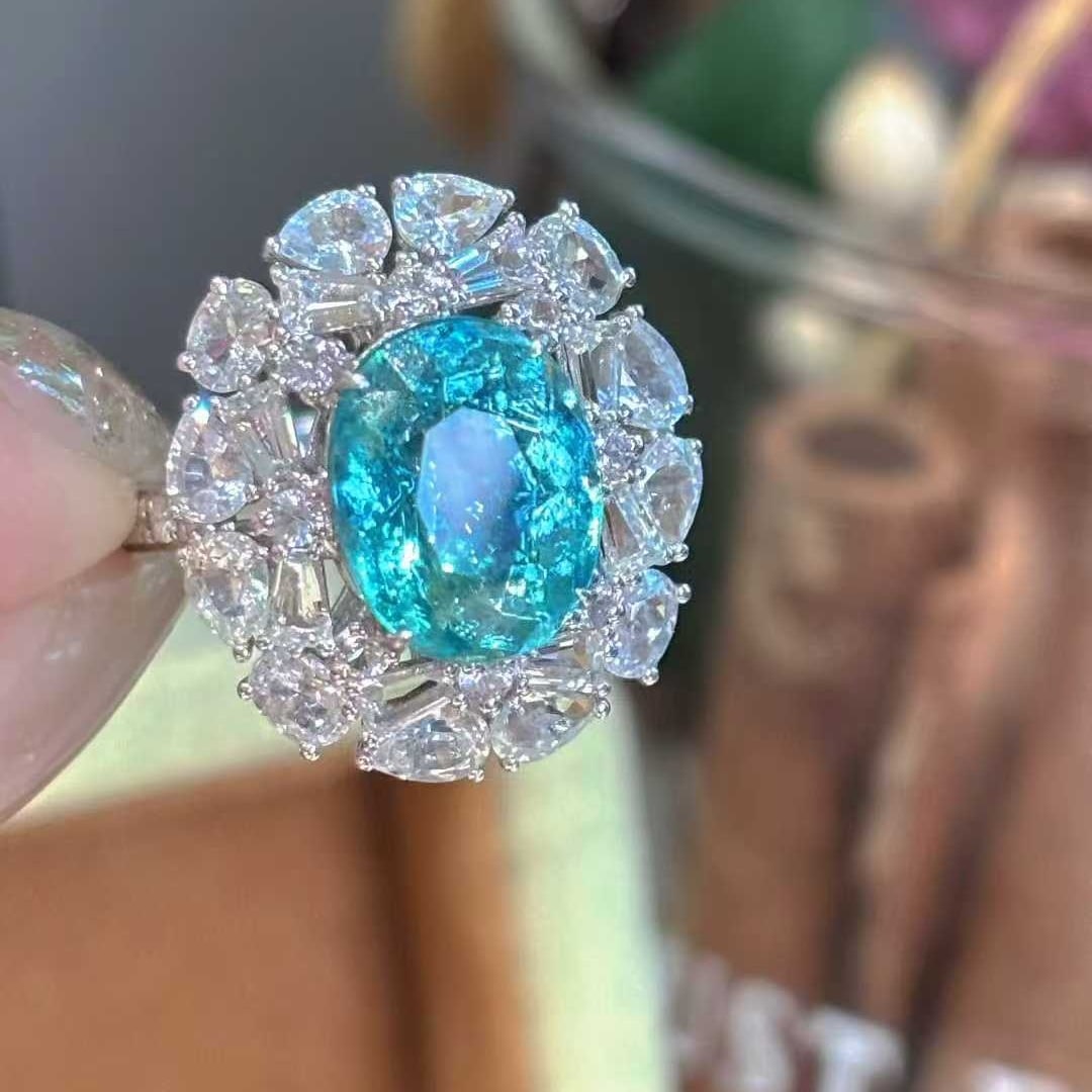 14k Gold 3.75 Ct Natural Paraiba Tourmaline & Diamond & Sapphire Ring - 6