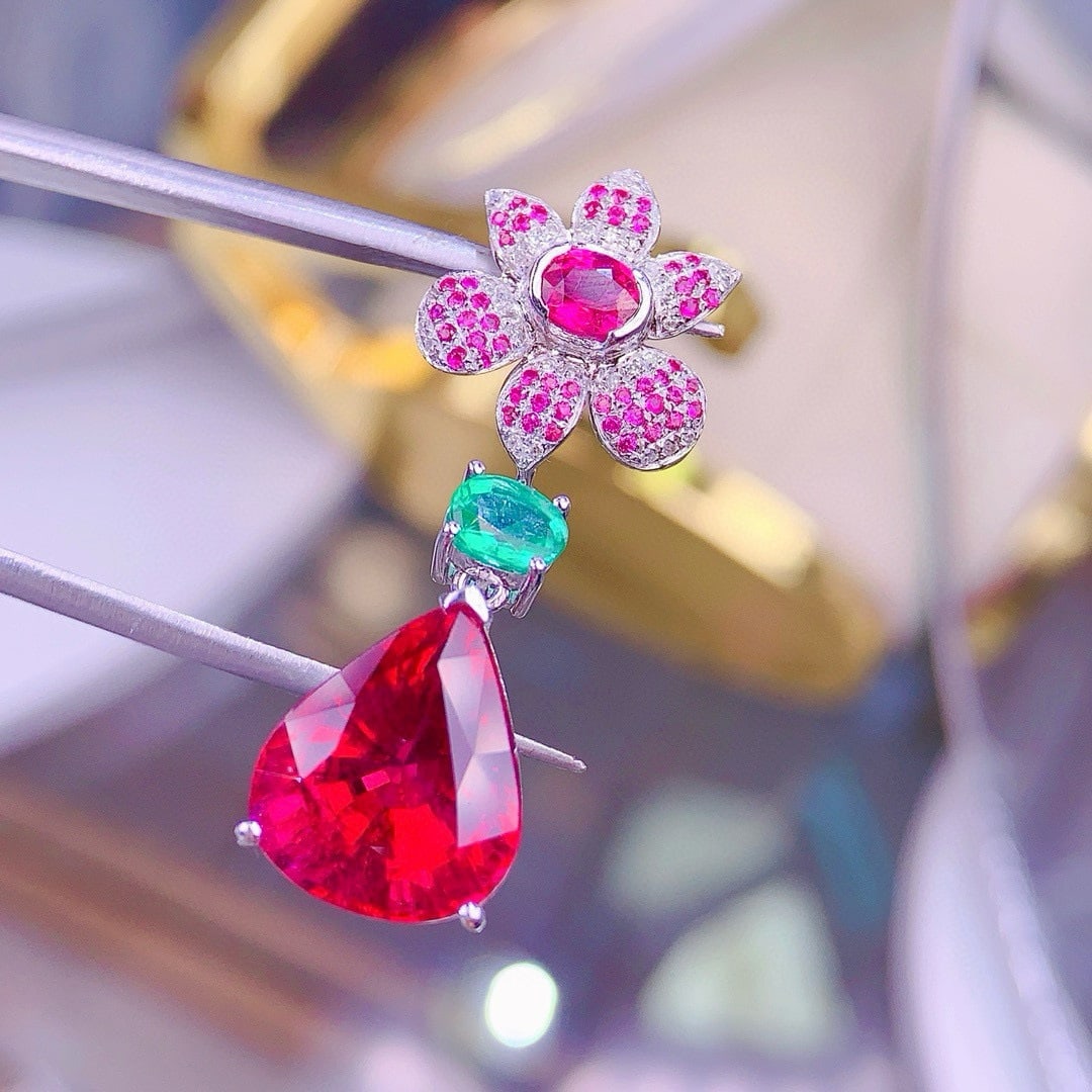 14k Gold 7.9 Ct Natural Tourmaline & Ruby & Emerald & Diamond Pendant( Without Chain ) - 3