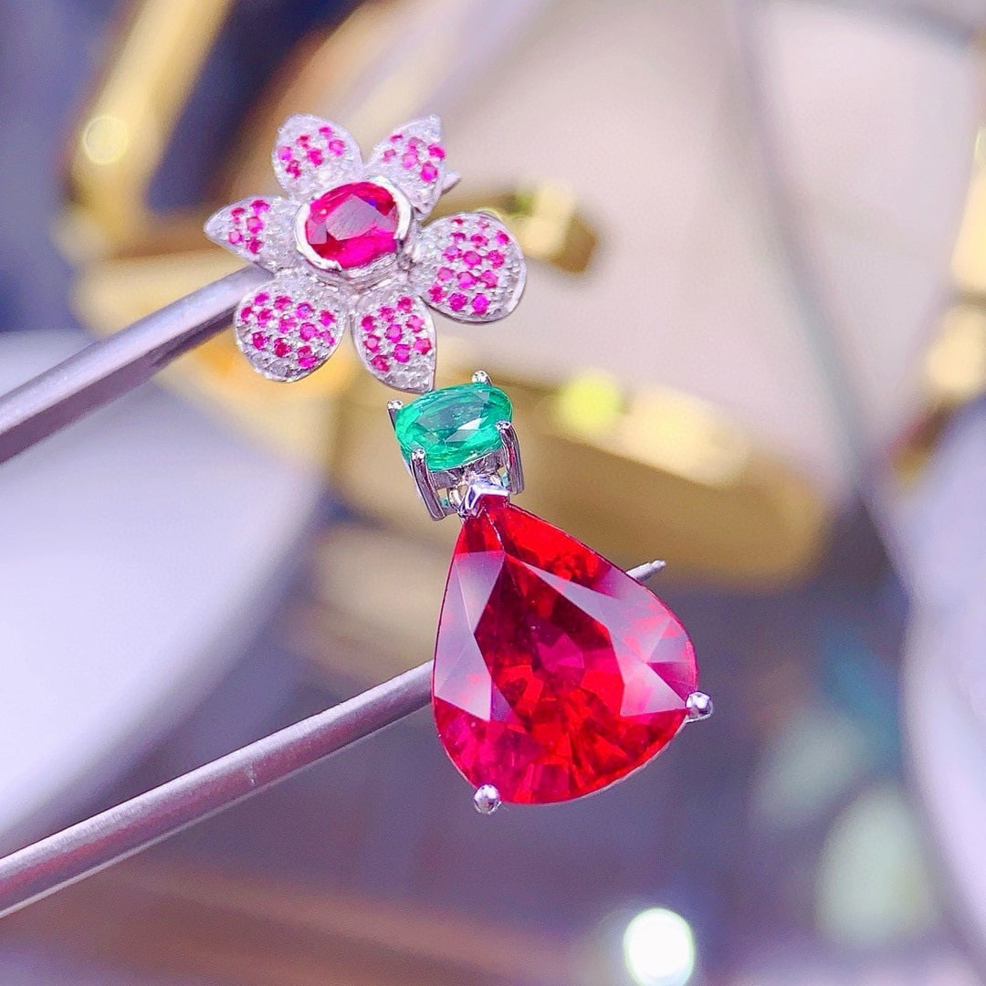 14k Gold 7.9 Ct Natural Tourmaline & Ruby & Emerald & Diamond Pendant( Without Chain ) - 5