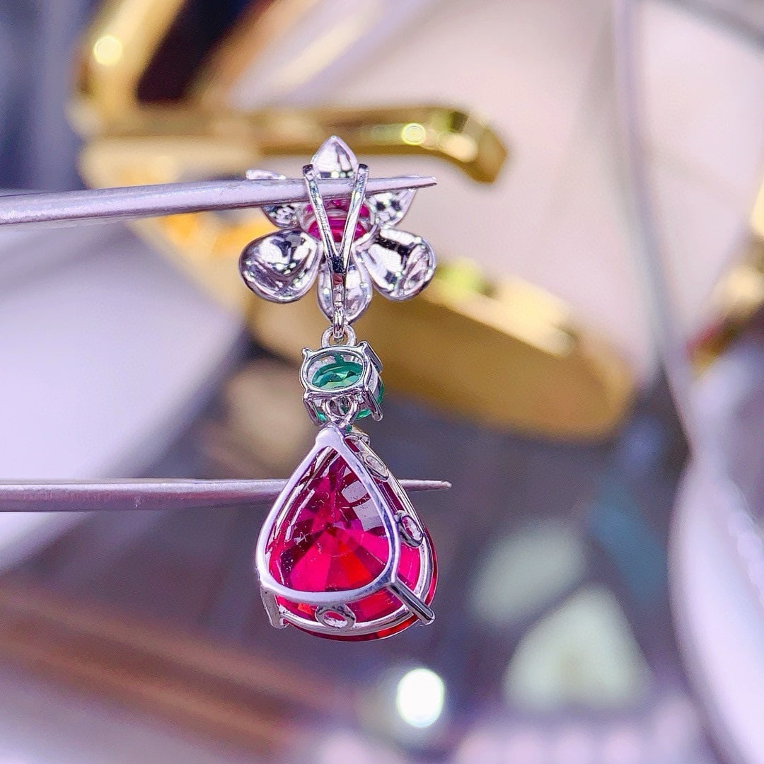 14k Gold 7.9 Ct Natural Tourmaline & Ruby & Emerald & Diamond Pendant( Without Chain ) - 6
